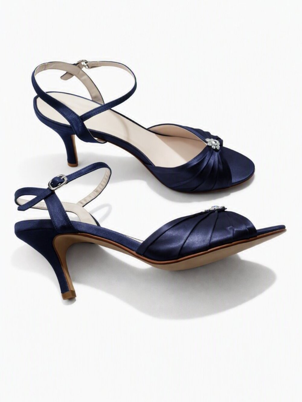 David’s Bridal Navy Satin Heels • Rhinestone Brooch • Size 9.5 Open‑Toe Formal